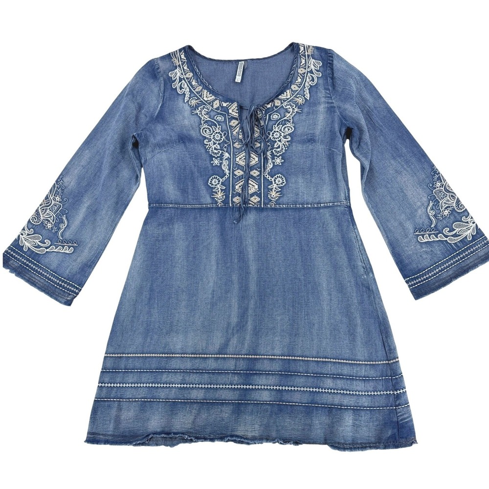 Boho Embroidered Chambray Peasant Dress Large Cottagecore